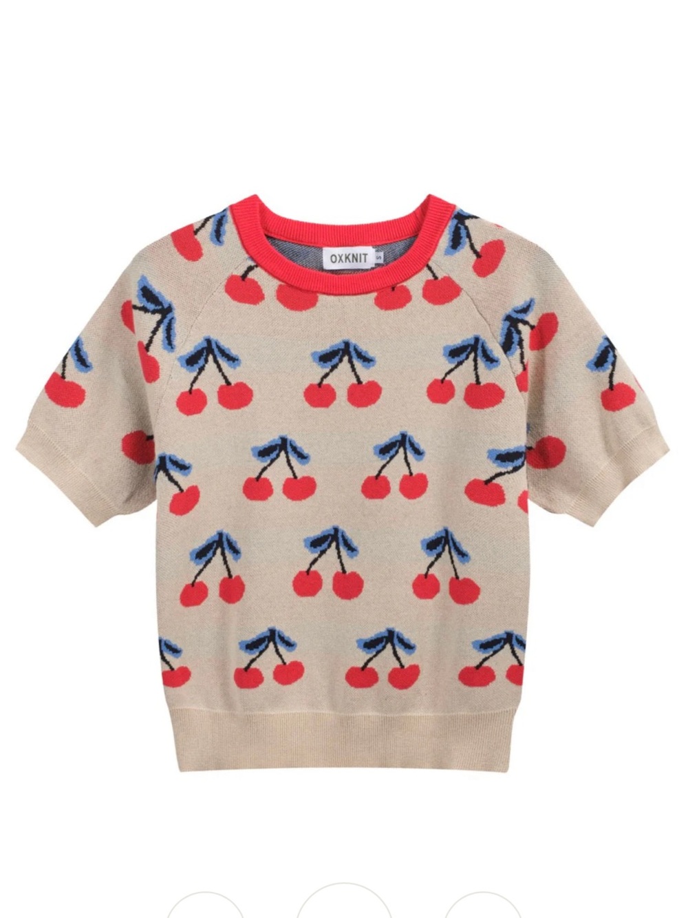 Oxknit Beige Cherry Knit Top with Red Trim